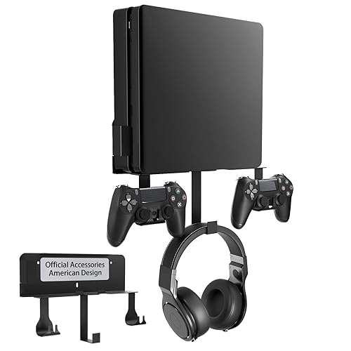 Wall Mount for PS4 Slim with Detachable 2 Controller Holder & Headphone Hanger, Metal Stealth Wall Mount Stand for Playstation 4 Slim
