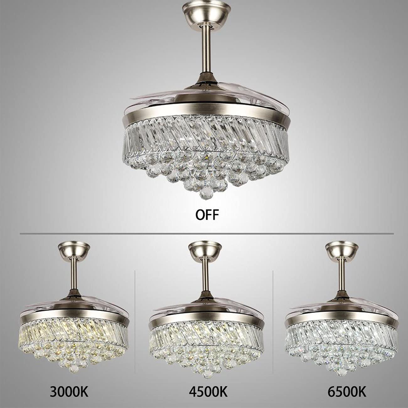 42" Fandelier Crystal Ceiling Fan Lights with Remote, Modern Invisible Hidden Retractable Ceiling Fans with Lights 3-Color Dimming Chandelier Lighting