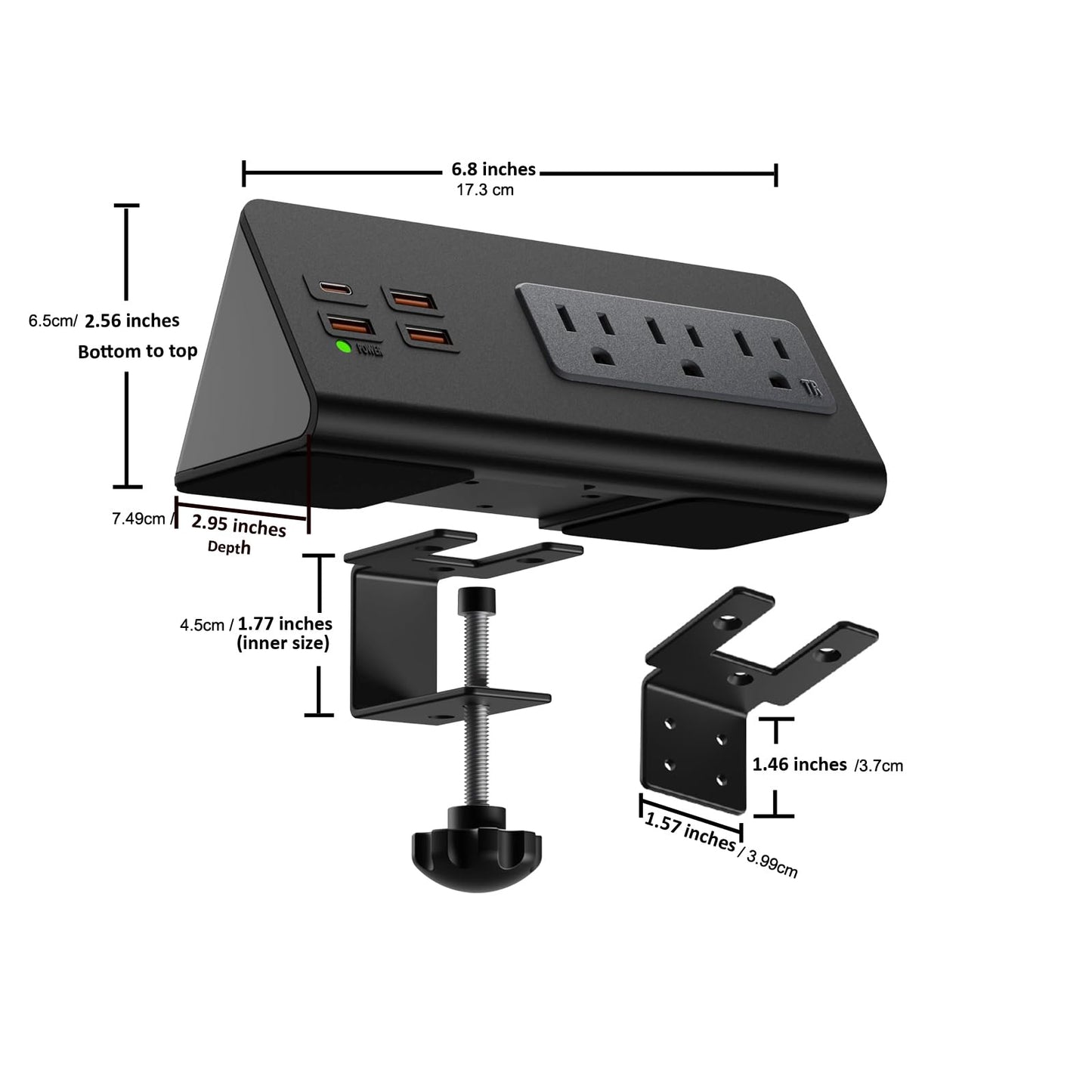 Power Charge Station Edge clamp Mount 15A 1875W with USB-C portsTabletop Surge Protector Desk Clamp Power Sockets with 3 AC Outlets and 4 Fast