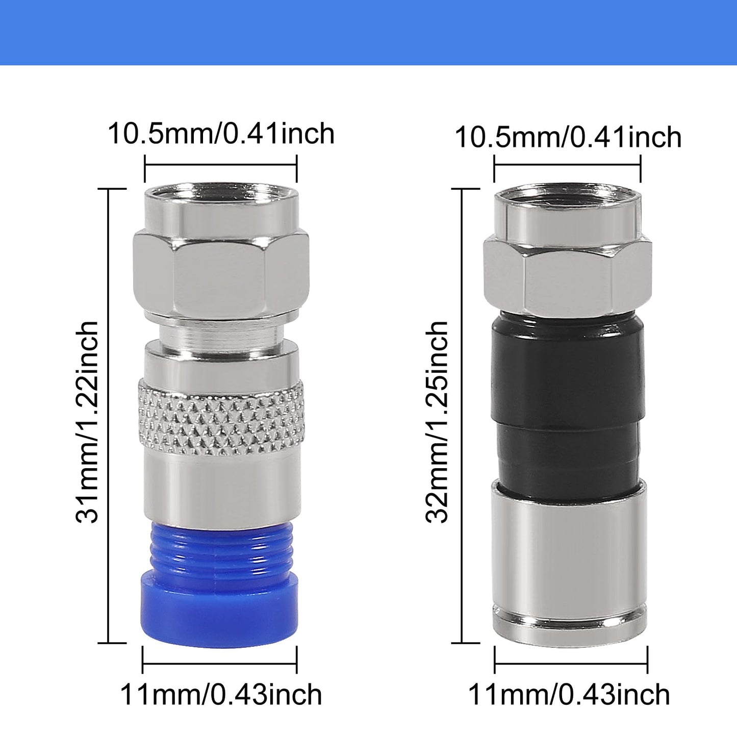 20pcs RG6 Compression Connector Coaxial Cable Connectors Straight Antenna Coax Adapter(Black+Blue)