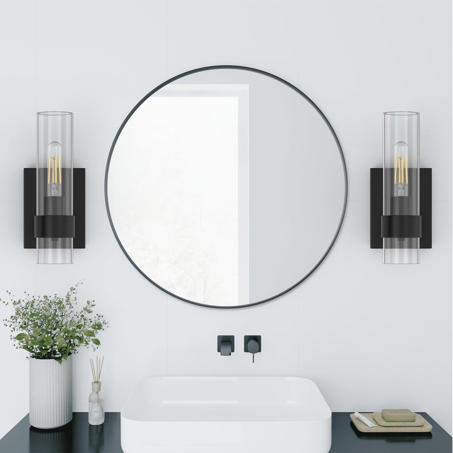 Zevluck 1-Light Wall Sconce, Matte Black Bathroom Vanity Light with Cylinder Clear Glass, Modern Hardwired Vanity Wall Lamps for Bathroom, Bedroom