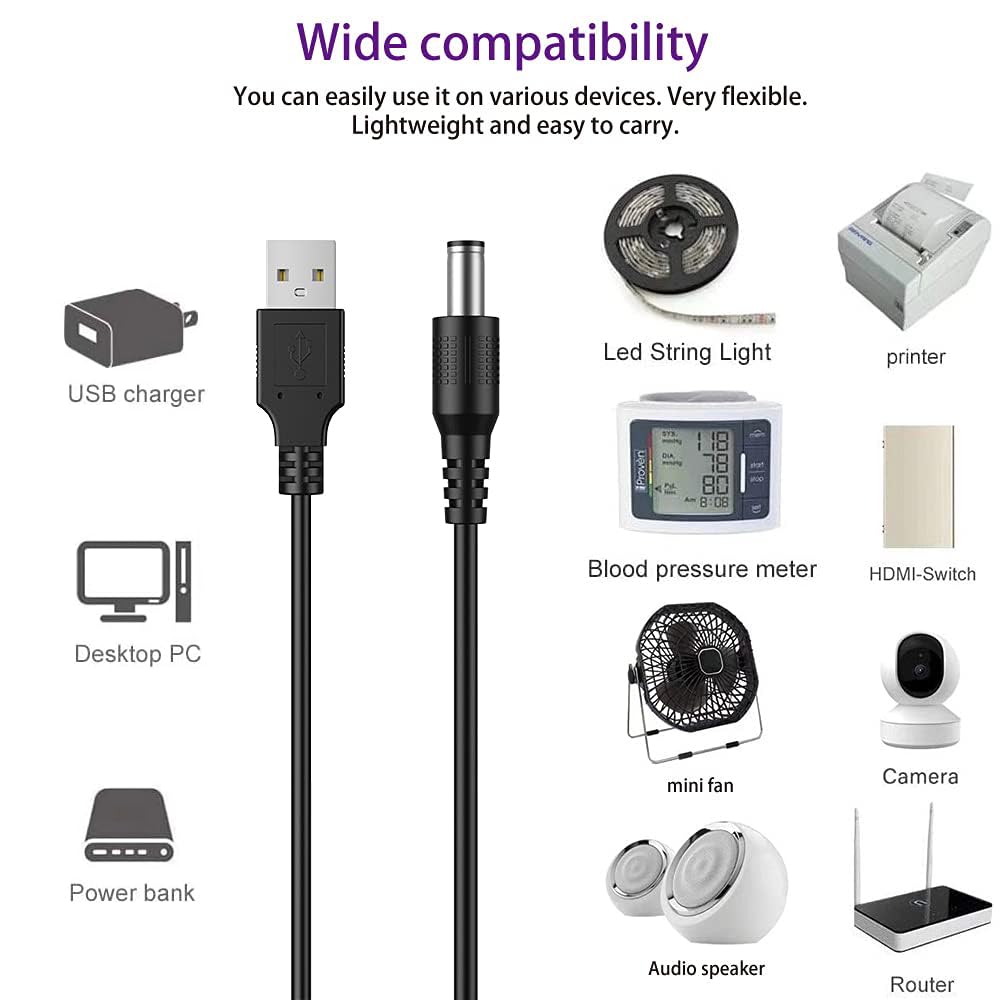 LIANSUM USB to DC 5V Power Cord, Universal DC 5.5x2.1mm Plug Jack Charging Cable with 10 Connector Tips(5.5x2.5, 4.8x1.7, 4.0x1.7, 4.0x1.35, 3.5x1.35