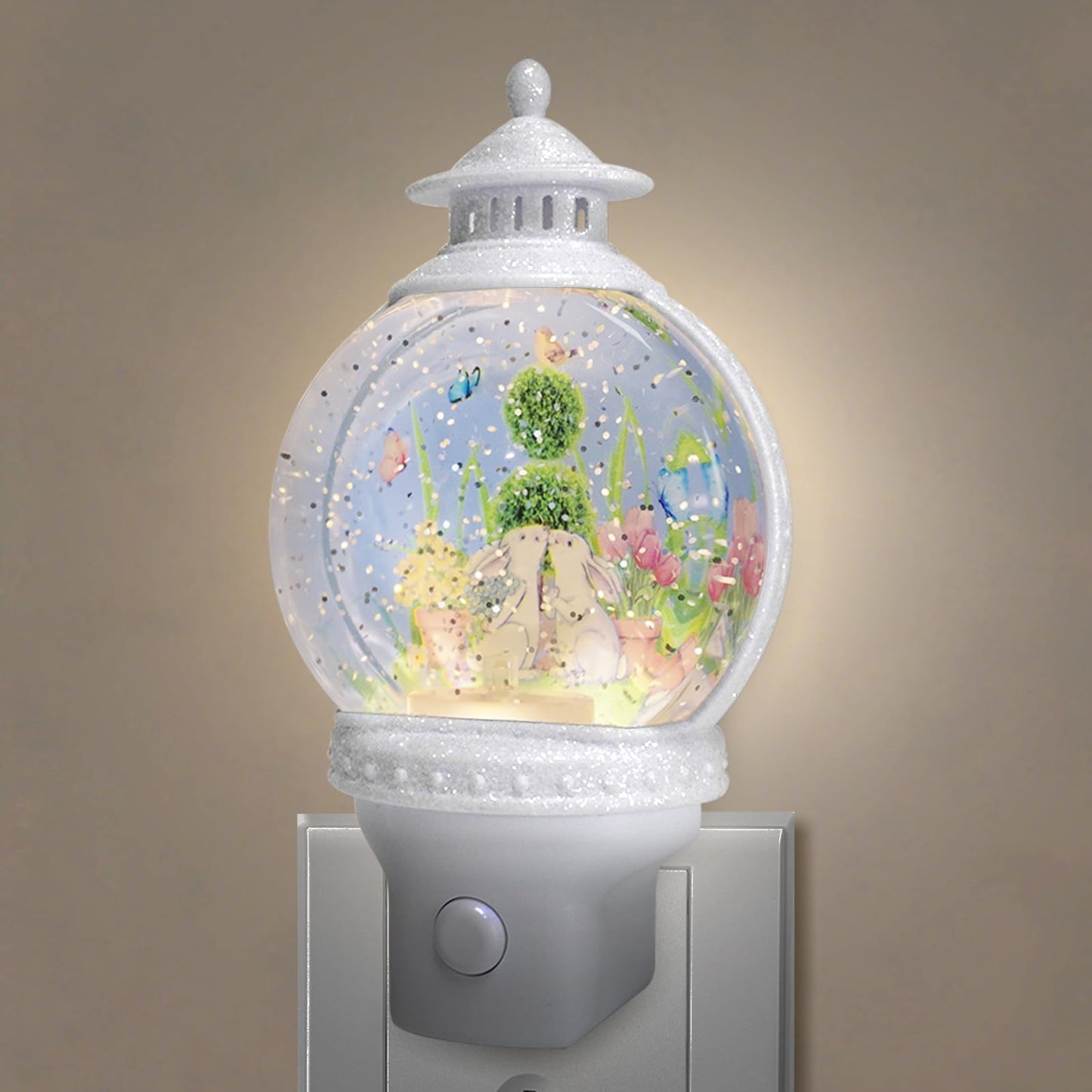 Xanqinluma Spring Night Light Plug into Wall Rabbits and Butterfly Flowers Nightlight with USB/Outlet Options Spring Night Light Snow Globe for Kids