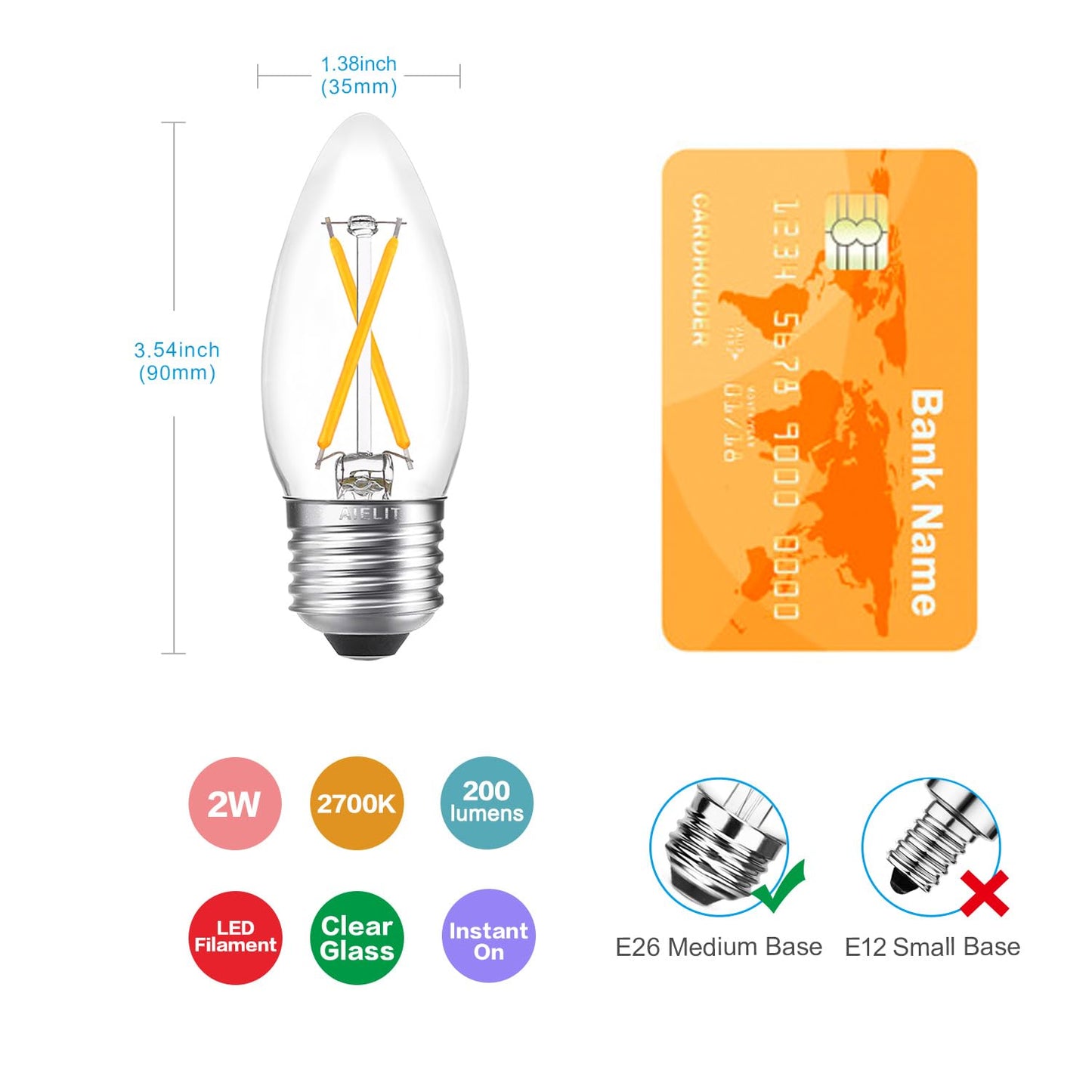 AIELIT Dimmable LED Candle Light Bulb, Vintage 2W B11 E26 LED Candelabra Bulbs 25 Watt Equivalent for Hotel Bedroom Entryway Chandelier Pendant Lights