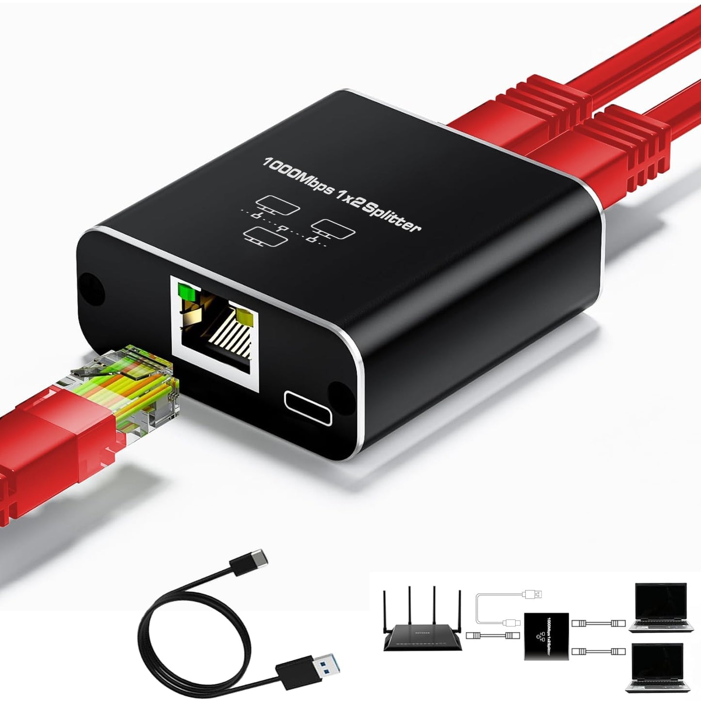 SCDZKJGS Ethernet Splitter 1 to 2 High Speed 1000mbps, Rj45 Internet Splitter Adapter with USB Power Cord, Gigabit Ethernet for Cat 5/6/7/8 Cable