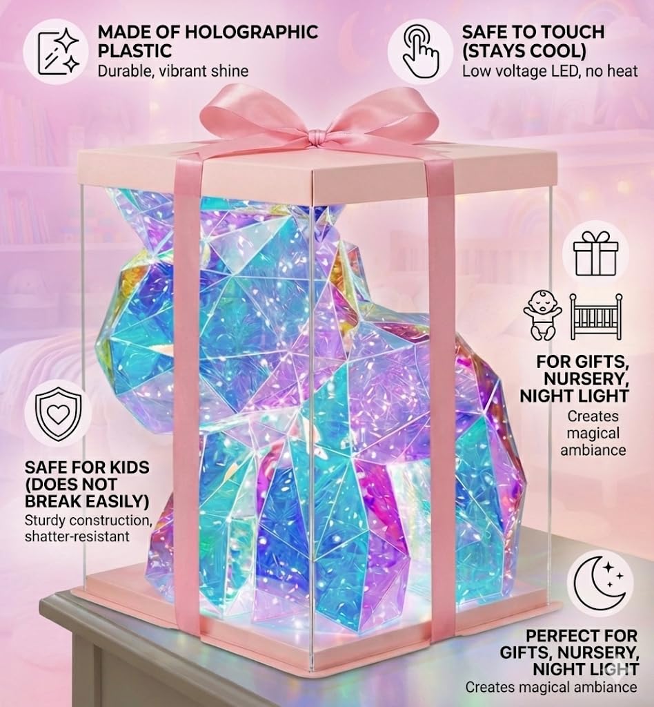 Aladdinas LED Unicorn Night Light, Holographic Iridescent Design, Gift Nursery Decor Display Box with Ribbon (Unicorn, Small)