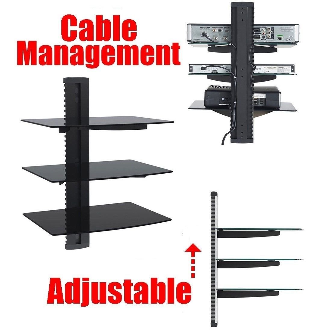 2xhome - New TV Wall Mount Bracket (Single Arm) & Three (3) Triple Shelf Package - Secure Cantilever LED LCD Plasma Smart 3D WiFi Flat Panel Screen