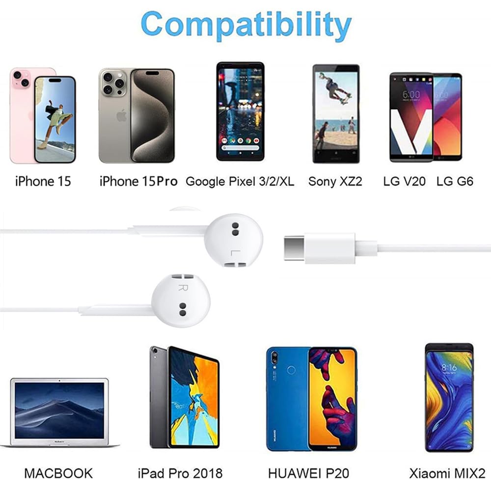 USB C Headphones Wired for iPhone 16/15, 2 Pack Type C Wired Headphones Earbuds Earphones in-Ear HiFi Stereo Sound with Mic Volume Control for iPhone…