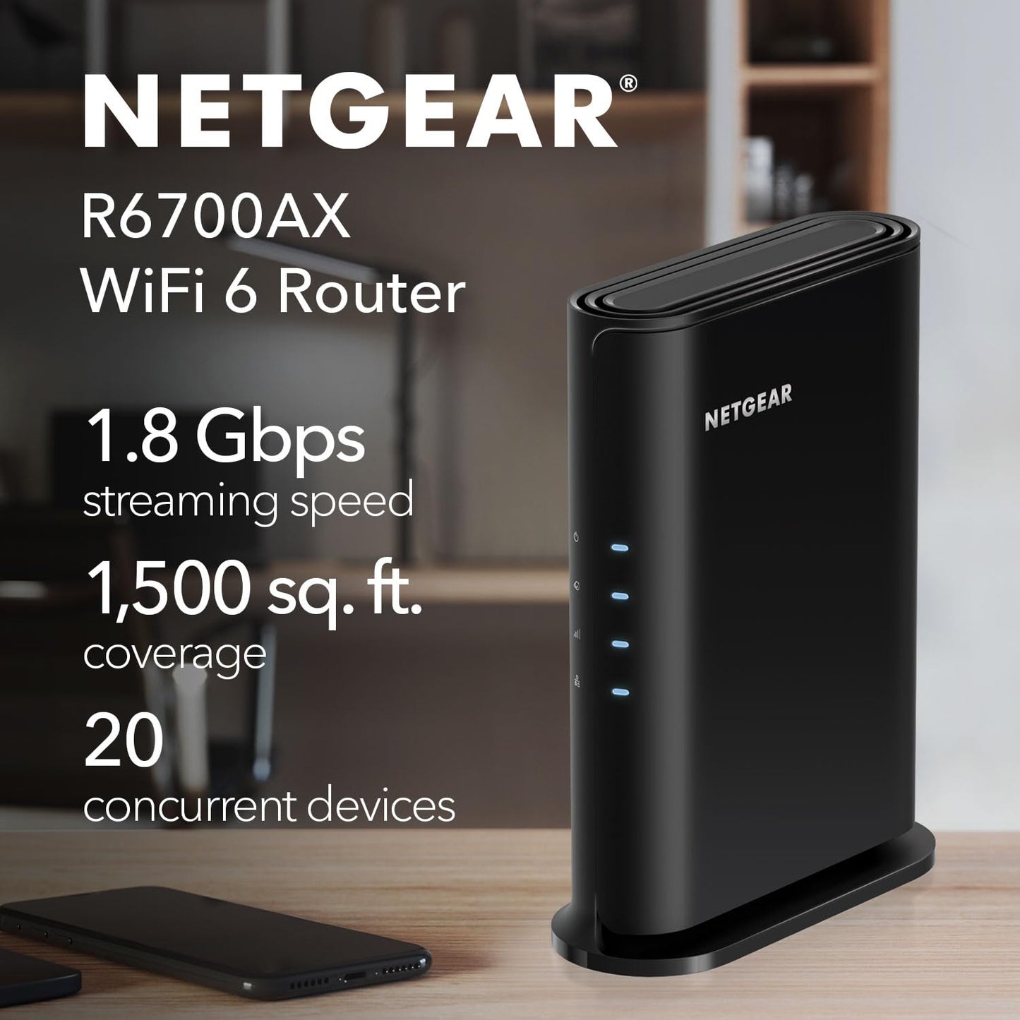 NETGEAR WiFi 6 Router 4-Stream (R6700AX) - Router Only, AX1800 Wireless Speed (Up to 1.8 Gbps), Covers up to 1,500 sq. ft., 20 Devices - Free Expert