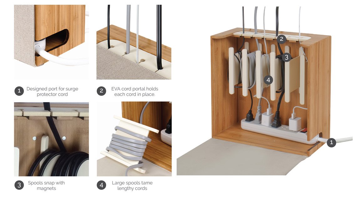 G.U.S. Cord Corral and Cable Organizer with 6-Magnetically Secured Cord Spindles -Zen Collection, Made of Eco-Friendly Bamboo (Power Not Included)