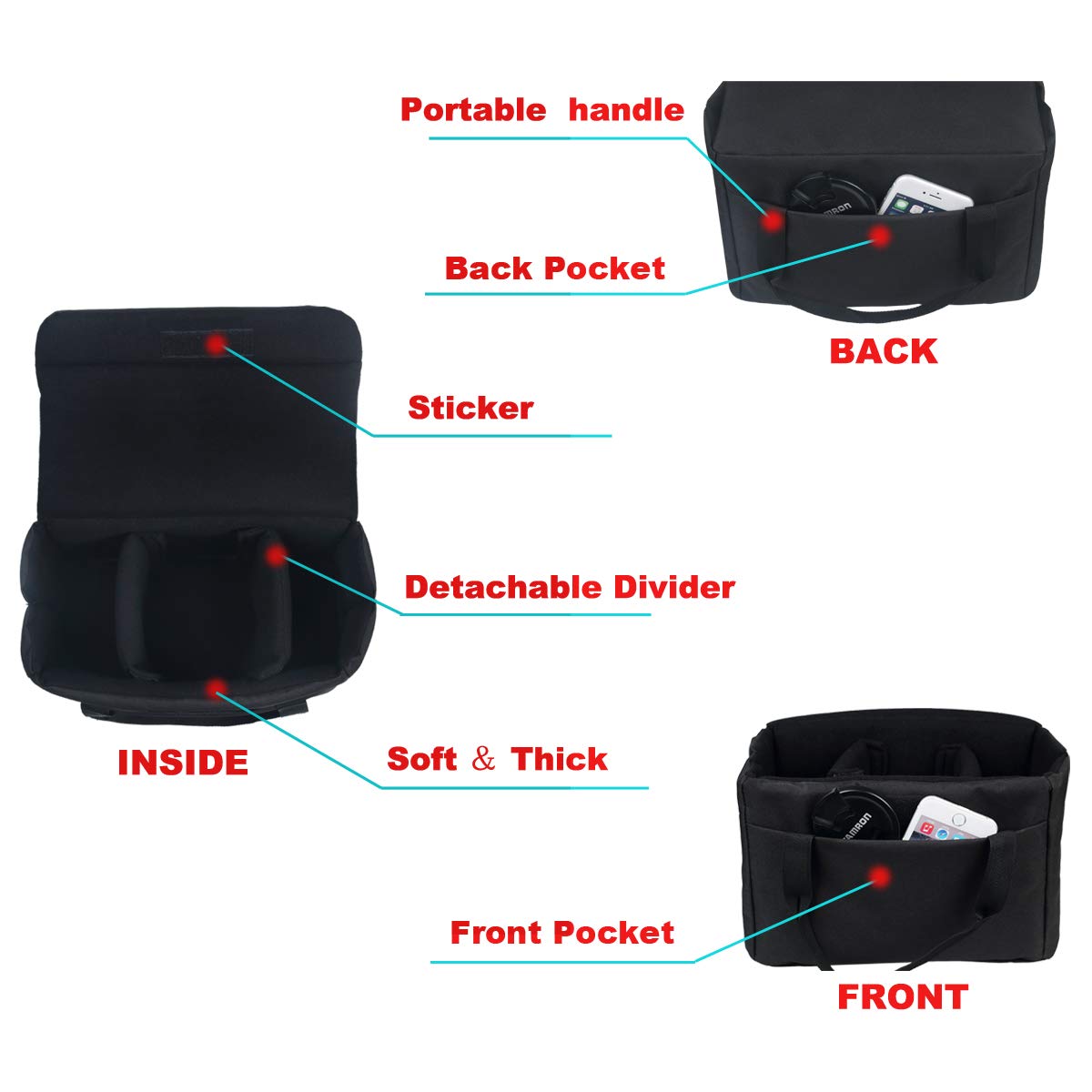 BOMKEE Camera Inserts Lens Padded Insert Liner DSLR SLR Protective Bag Camera Cube Roomy Case Waterproof Foldable pouch for Camera Lens Accessories