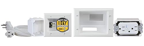 DATA COMM Electronics 45-0028-WH Recessed Low Voltage Plate Pass Through, Pro-Power Kit with Duplex Surge Suppressor & Straight Blade Inlet, Mount TV