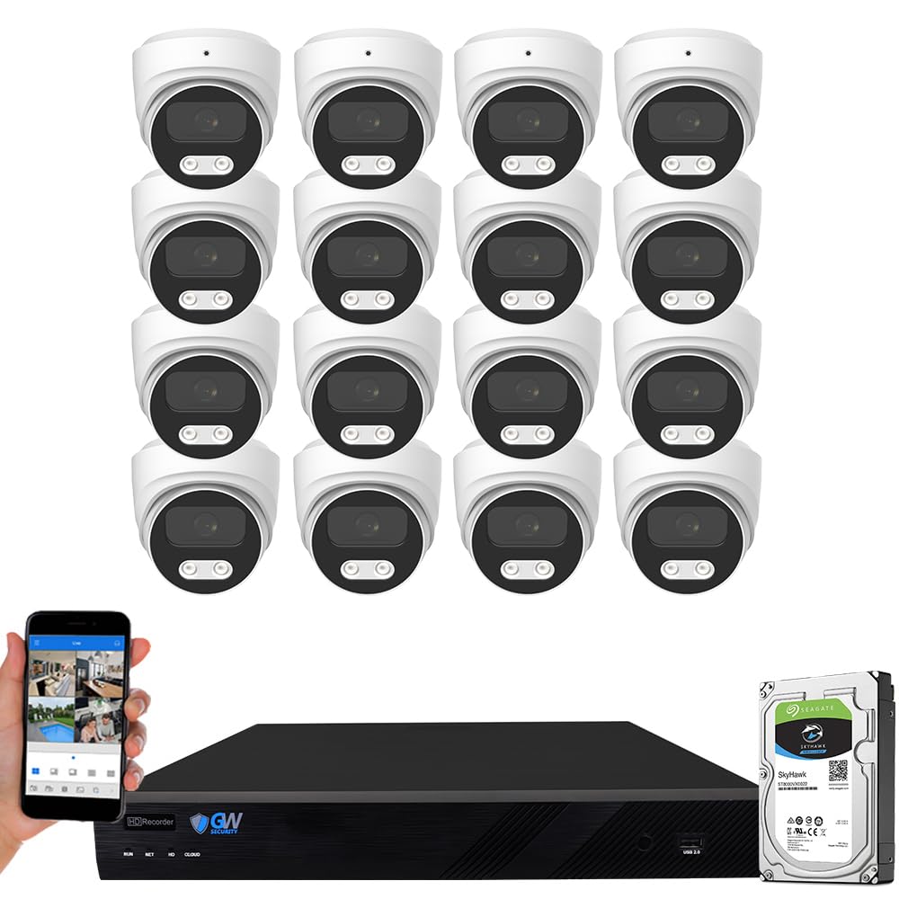 GW Security 16 Channel 12MP NVR 4K Security Camera System with 16 x 8MP PoE Spotlight Color Night Vision Outdoor/Indoor Microphone Dome Cameras, Smart