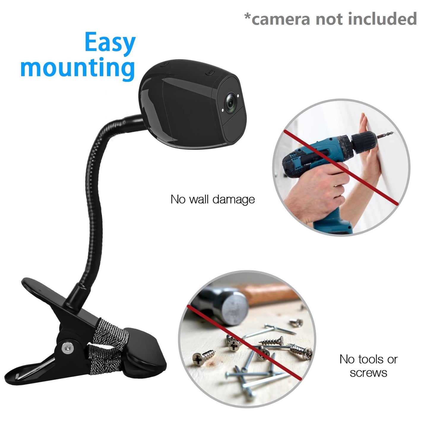 OkeMeeo Clamp Mount for Arlo Pro 5S/Pro 4/Pro 3/Pro 2/Essential/eufy/AOSU/Reolink Camera and More 1/4'' Screw Camera (Black, 1 Pack)