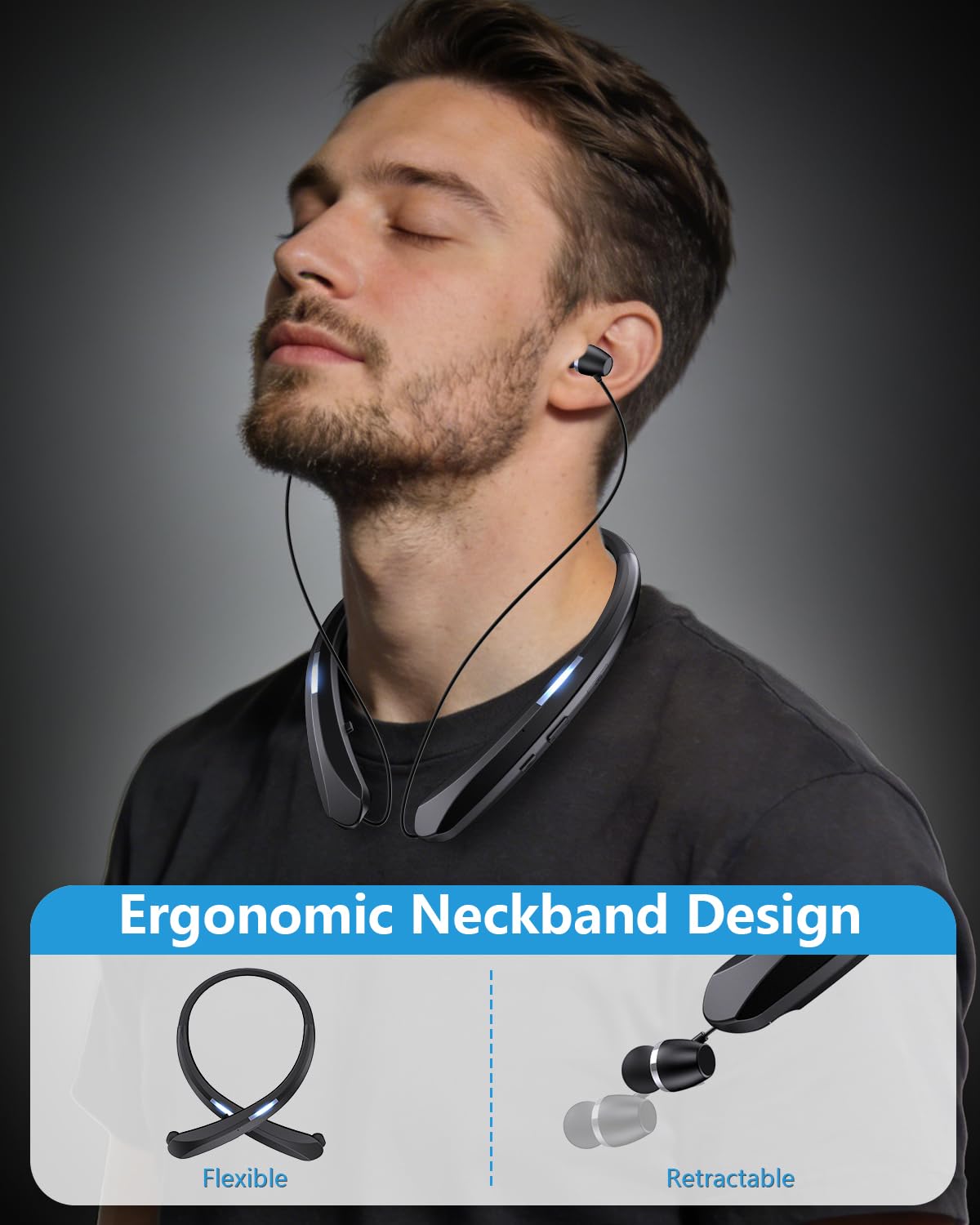PIMAKOI Bluetooth 5.3 Neckband Bluetooth Headphones,Retractable Headphone with IPX5 Sweatproof & Vibration Calls for Running, Gym, and Sweat-Proof