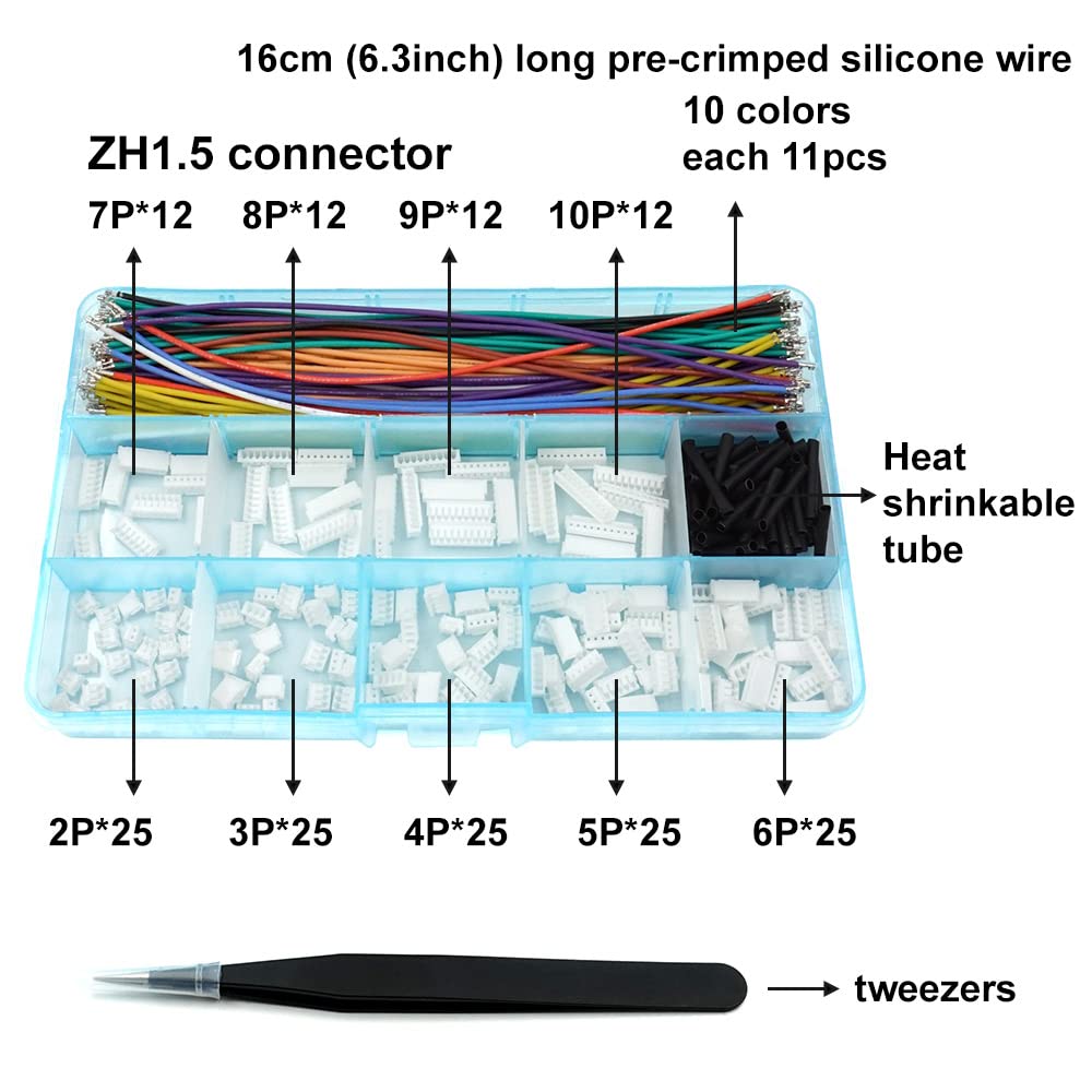 ZH 1.5MM Connectors and 28AWG Pre-Crimped Silicone Cables kit Compatible with JST ZH 1.5 Connector 2/3/4/5/6/7/8/9/10 Pin Housing Adapter Cable