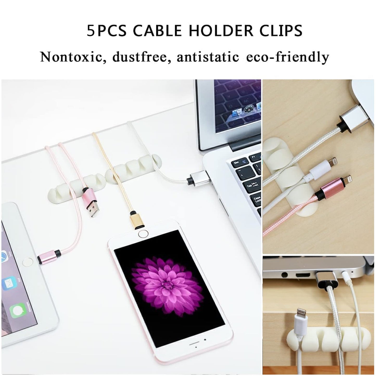 CHZHLI White Cable Management Organizer Kit, 2 Wire Sleeve Protector, 41 Self Adhesive Cable Clips Holder, 10pcs+2 Roll Reusable Cable Ties and 100