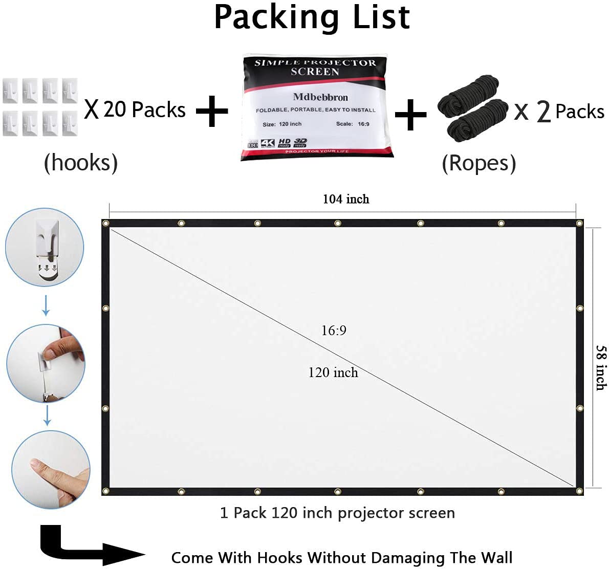 Mdbebbron 120 inch Projector Screen 16:9 Foldable Anti-Crease Portable Projector Movies Screens for Home Theater Outdoor Indoor Support Double Sided