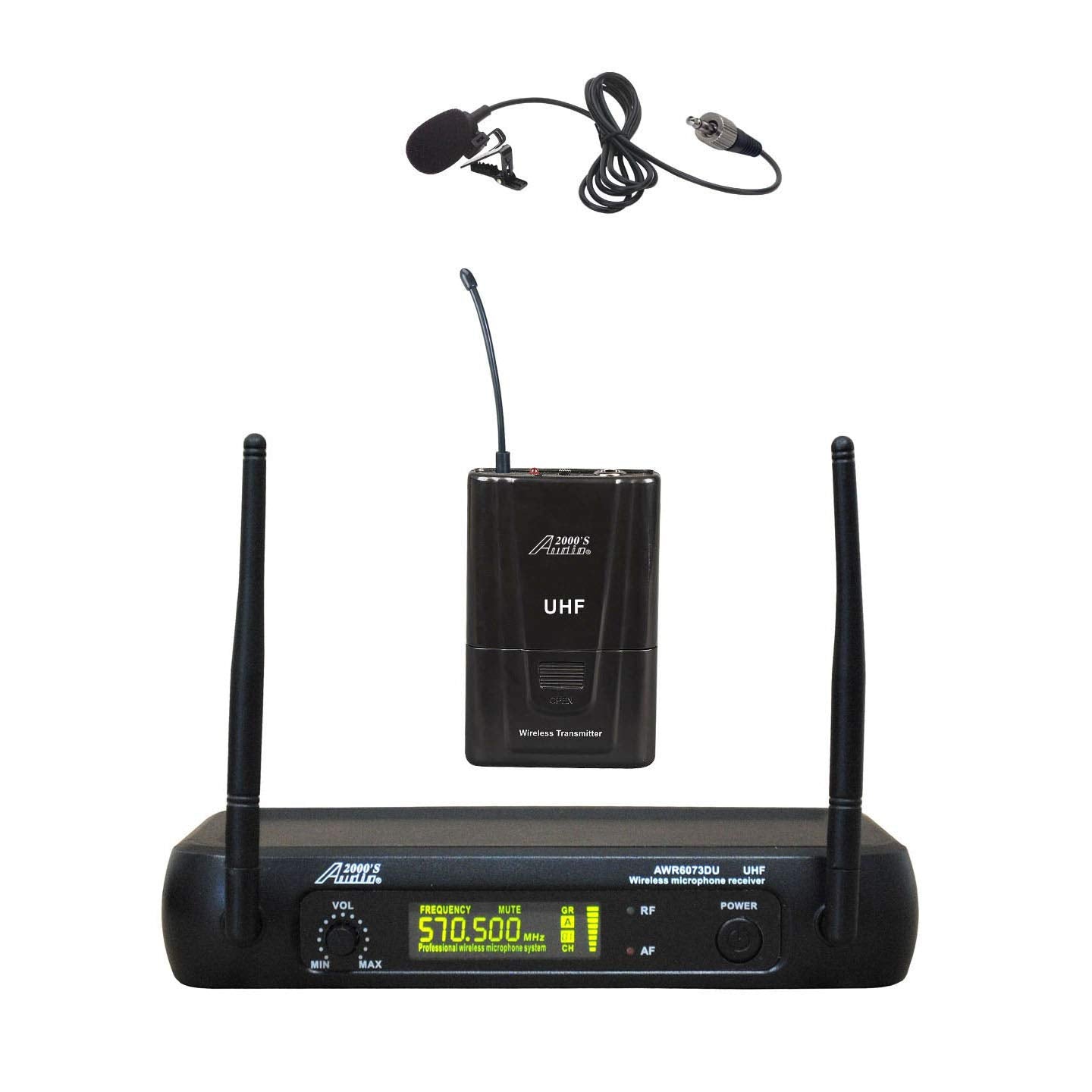 Audio 2000S S6073M UHF Wireless Lavalier Microphone System with Balanced XLR and 1/4-Inch Outputs, Volume Control, and Hard PVC Carrying Case