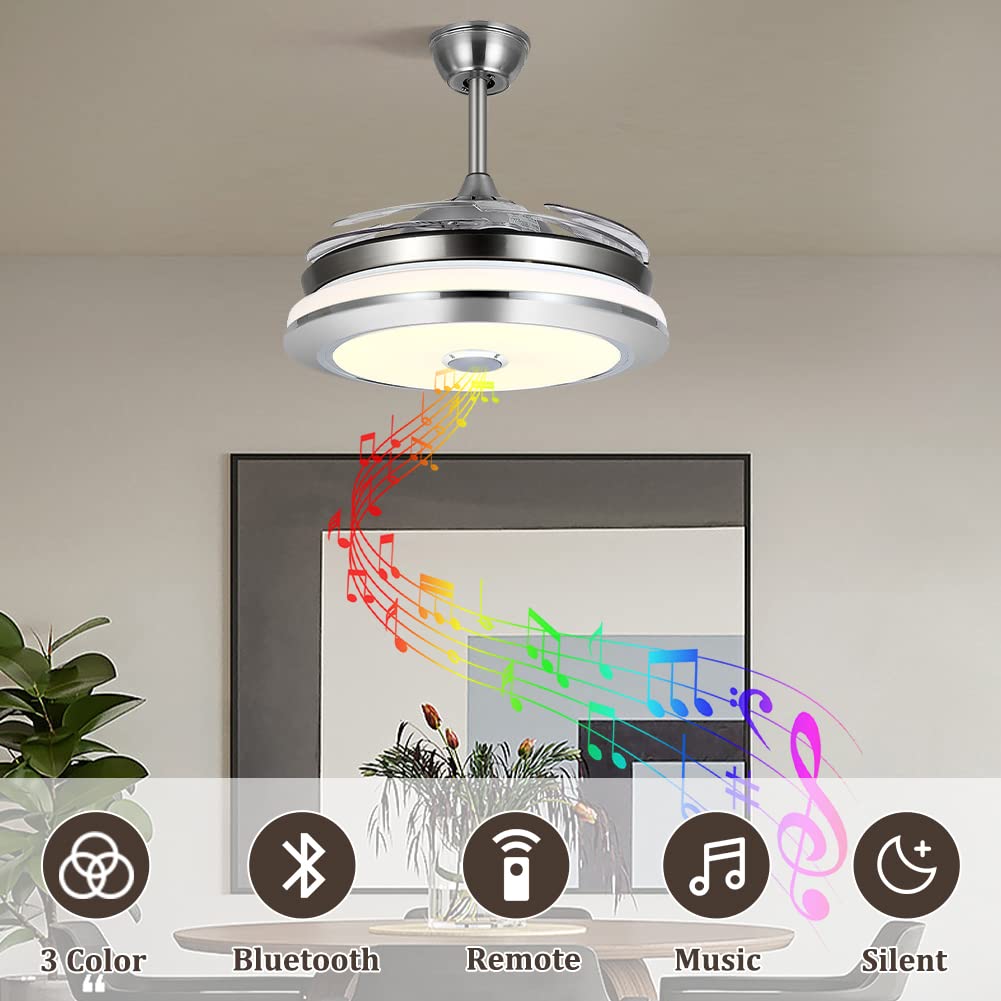 MORE CHANGE 36" Retractable Ceiling Fans with Lights and Music Speaker,Modern Bluetooth LED Chandelier Fans for Dining Room wih Remote Control 3