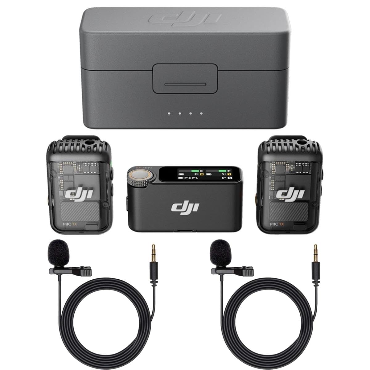 DJI Mic 2 (2 TX + 1 RX + Charging Case), All-in-one Wireless Microphone, Intelligent Noise Cancelling, for iPhone, Android, Camera Bundle with, 2x