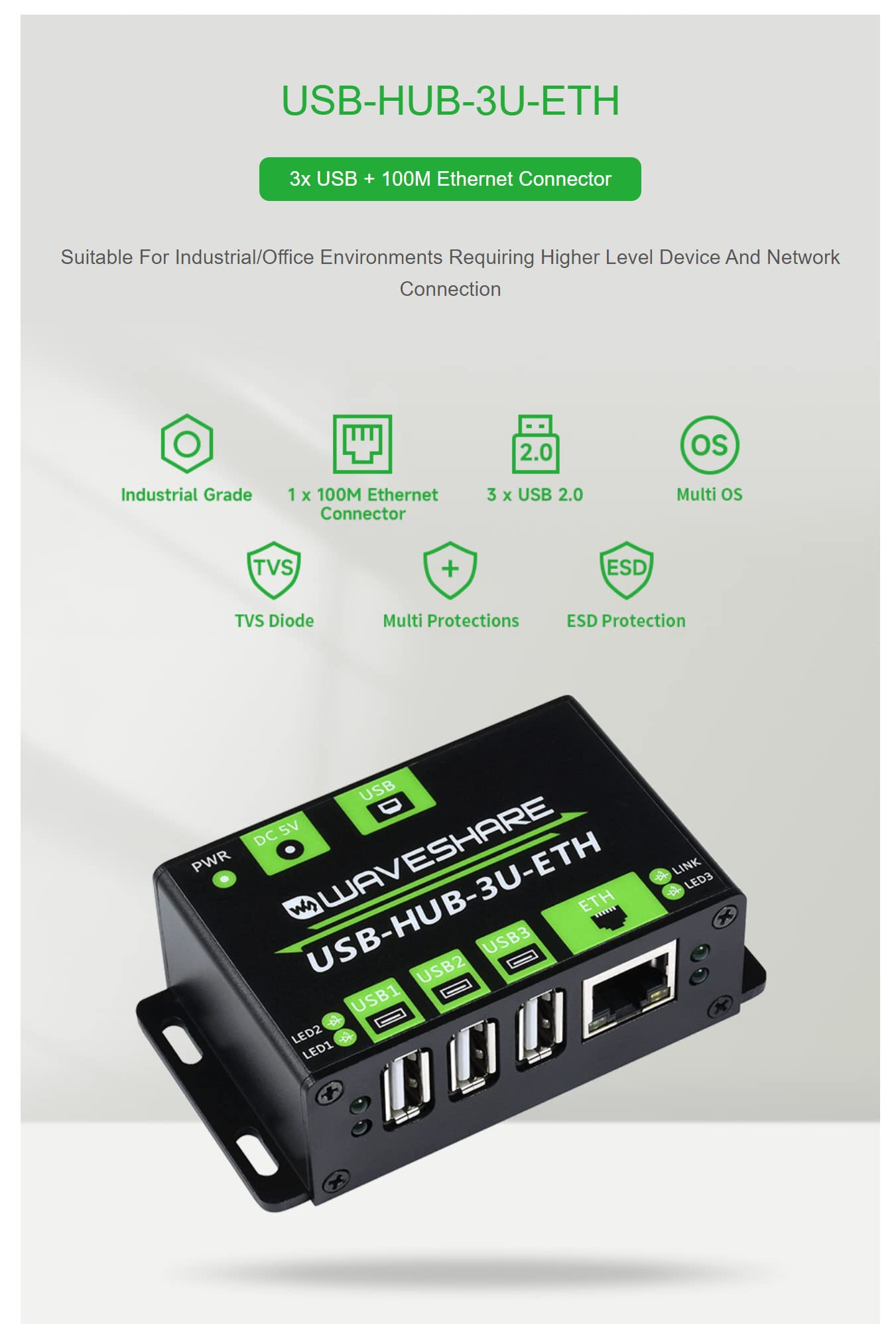 Coolwell Industrial Grade Multifunctio USB HUB,3X USB 2.0 Ports Extended, 100M Ethernet Port, Multiple OS Support, Plug & Play