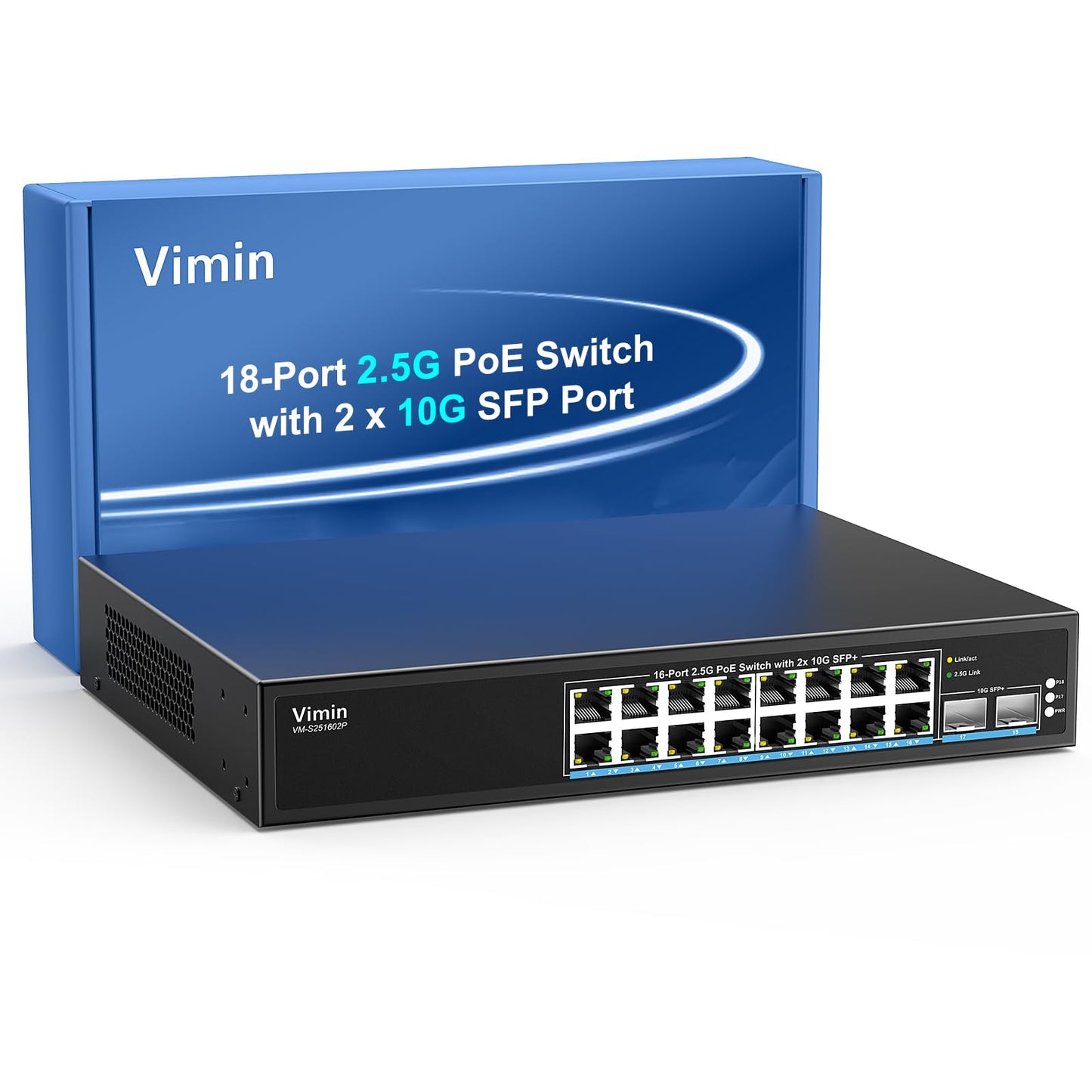 16 Port 2.5G PoE Switch Unmanaged with 2X 10Gbps SFP, VIMIN 16x 2.5G Base-T PoE Ports, 10G SFP PoE Switch w/ 120Gbps Ethernet Switching Capacity