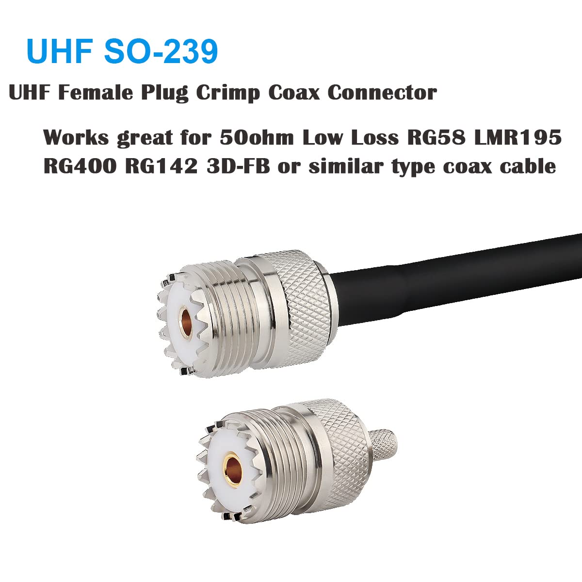 MOOKEERF 5 Pack SO239 Crimp Connectors SO-239 UHF Female Plug Crimp Coax Connector Adapter PL259 RF Connector for RG58/RG142/RG400/LMR195/KSR195/3D-FB
