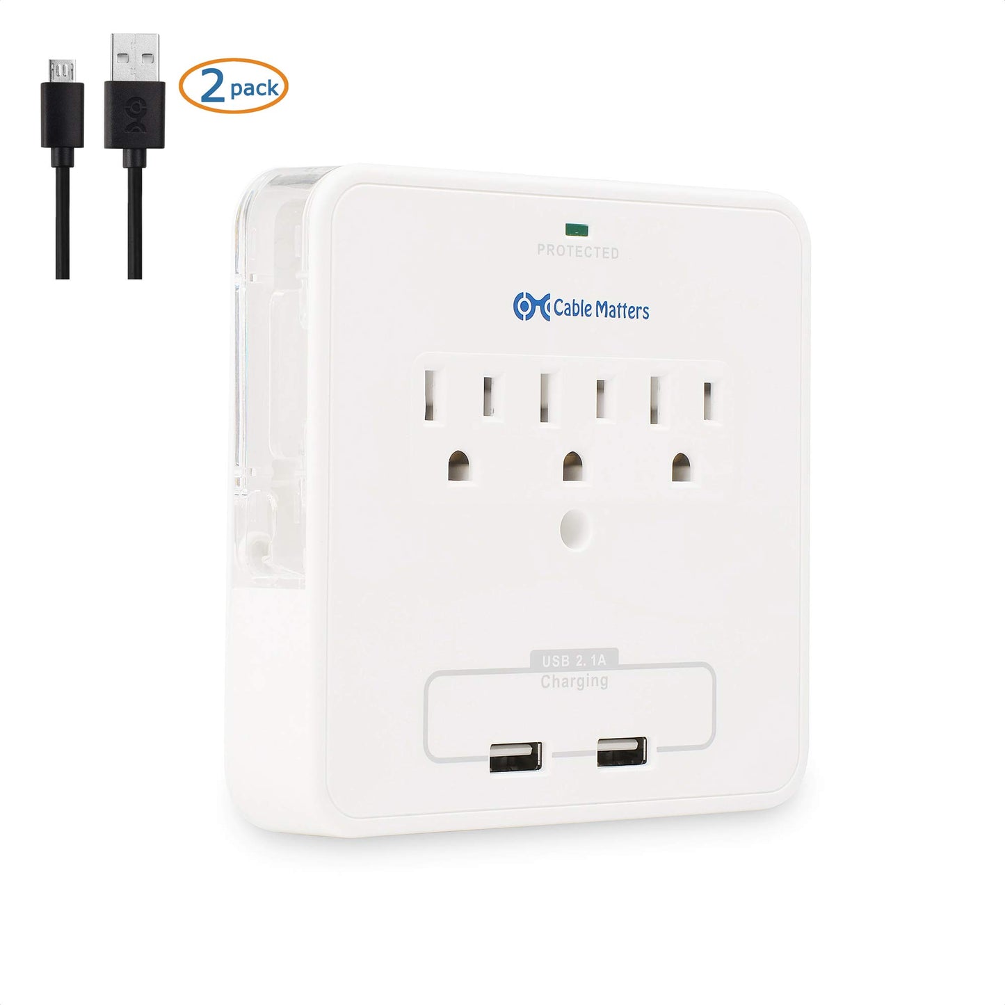 Cable Matters 3 Outlet Wall Mount Surge Protector with USB Charging and 3 Inch Wide Slide-Out Smartphone Holders White