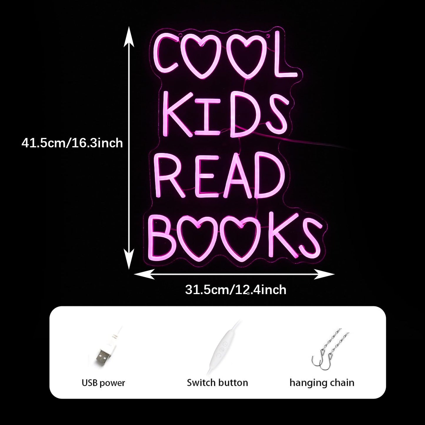 Cool Kids Read Books Neon Sign Dimmable USB Powered Classroom Neon Light for Wall Decor Pink Led Read Books Light Up Sign for Kids Room Reading Room