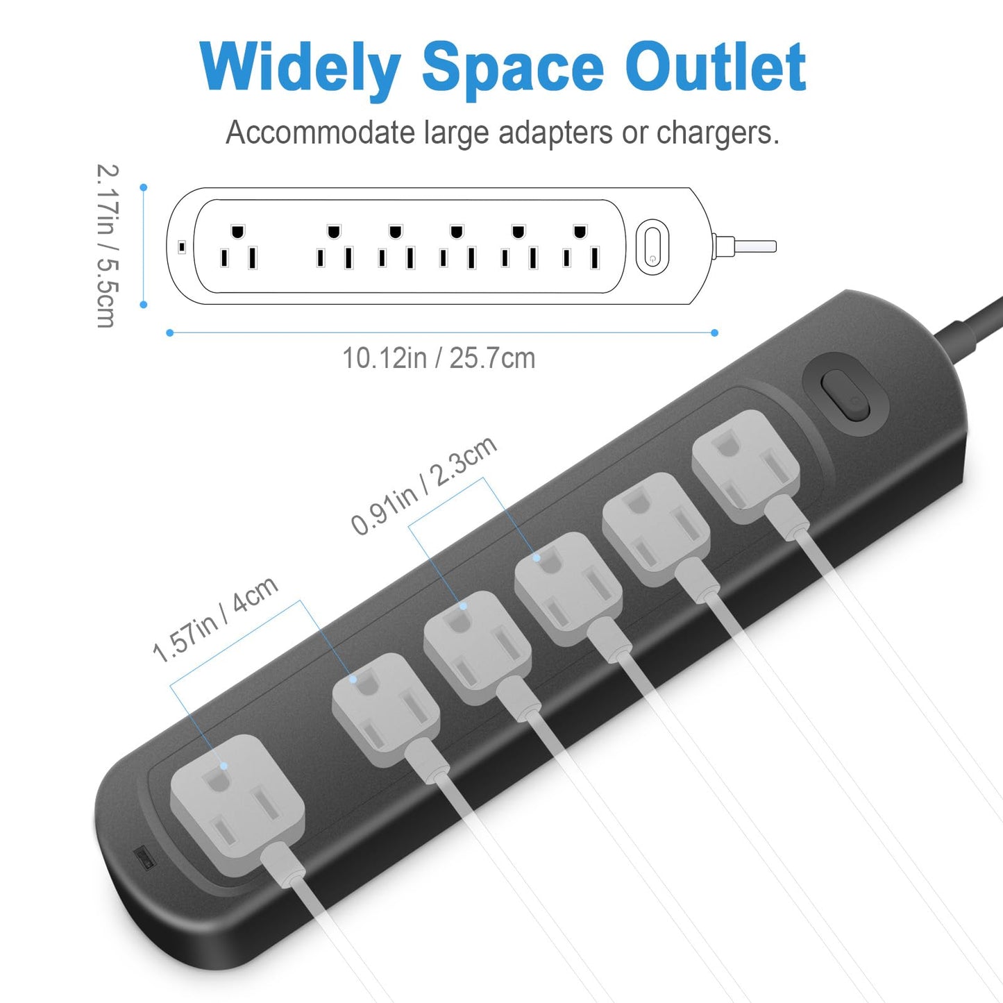 Power Strip Surge Protector Socket, 6 Outlets for Multiple Devices, 10Ft Flat Plug Heavy Duty Extension Cord, Power Delivery Charging Power Strip