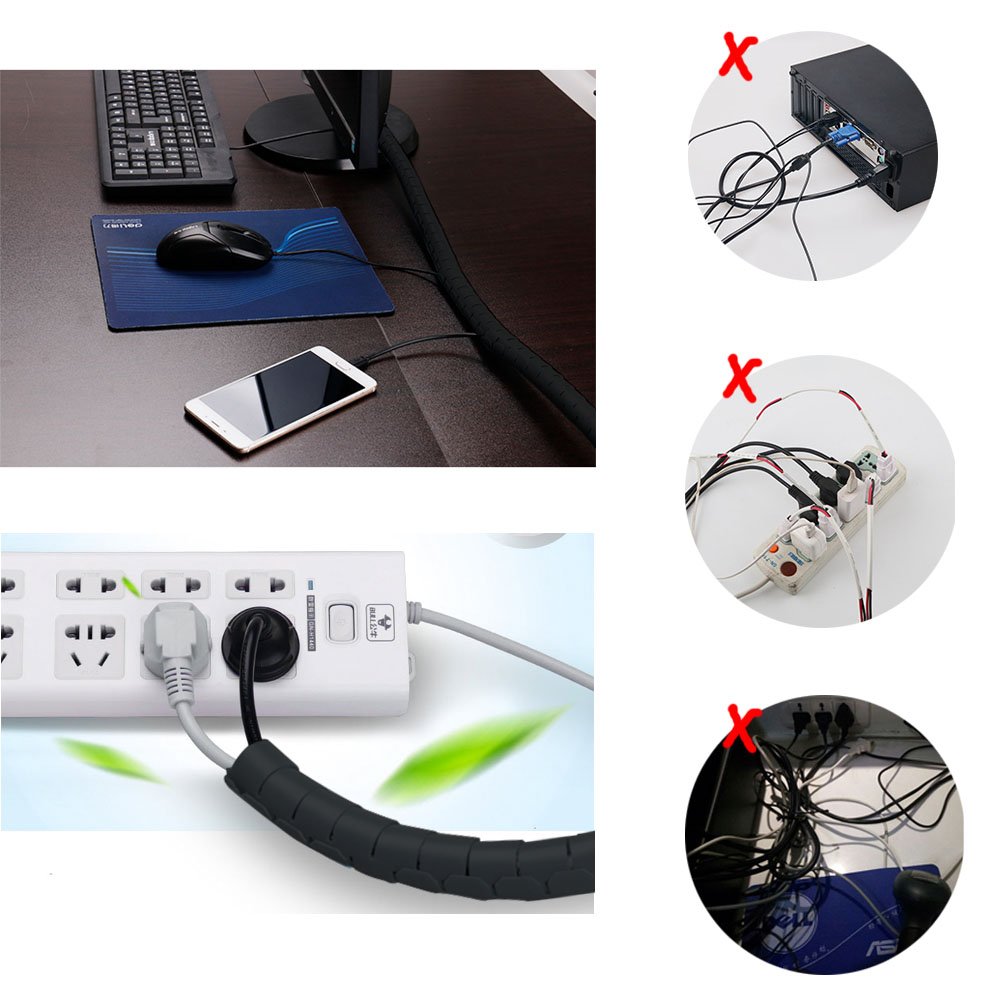 Black Computer Cable Management Wire Cover Electrical Cord Hider Solutions 2 PCS, VIWIEU Tangle Sprial Cable Tube with 4 Adhesive Cable Clips for TV