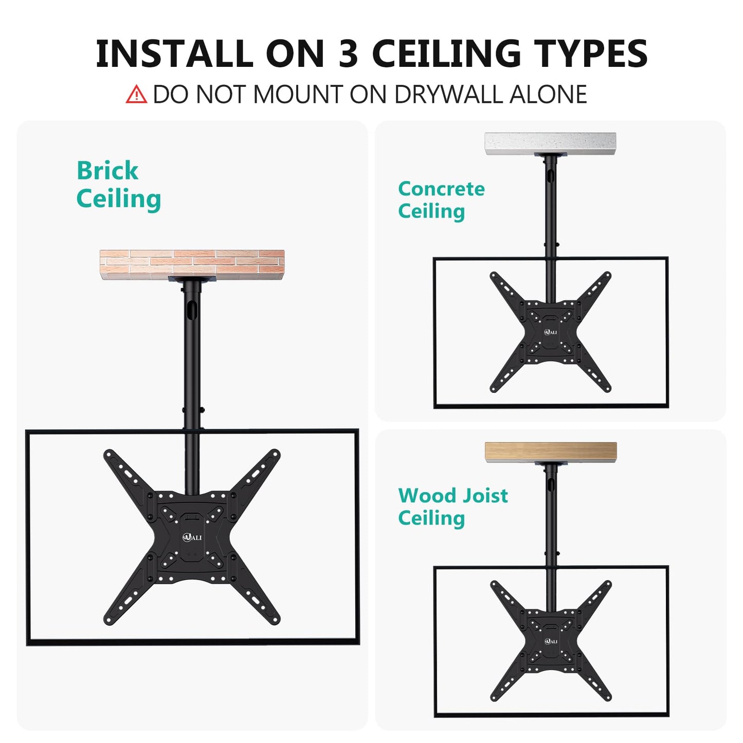 WALI Ceiling TV Mount Adjustable Bracket Fits Most LED, LCD, OLED and Plasma Flat Screen Display 23 to 65 Inch, up to 110 Lbs, Mounting Holes