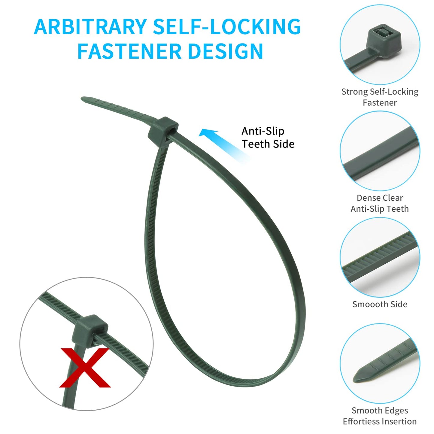 Armpow Garden Green Cable Zip Ties Heavy Duty Assorted Sizes, 1000 PCS Self-Locking 4+6+8+10+12 Inch 50LBS Nylon Cable Ties, Perfect for Home, Office
