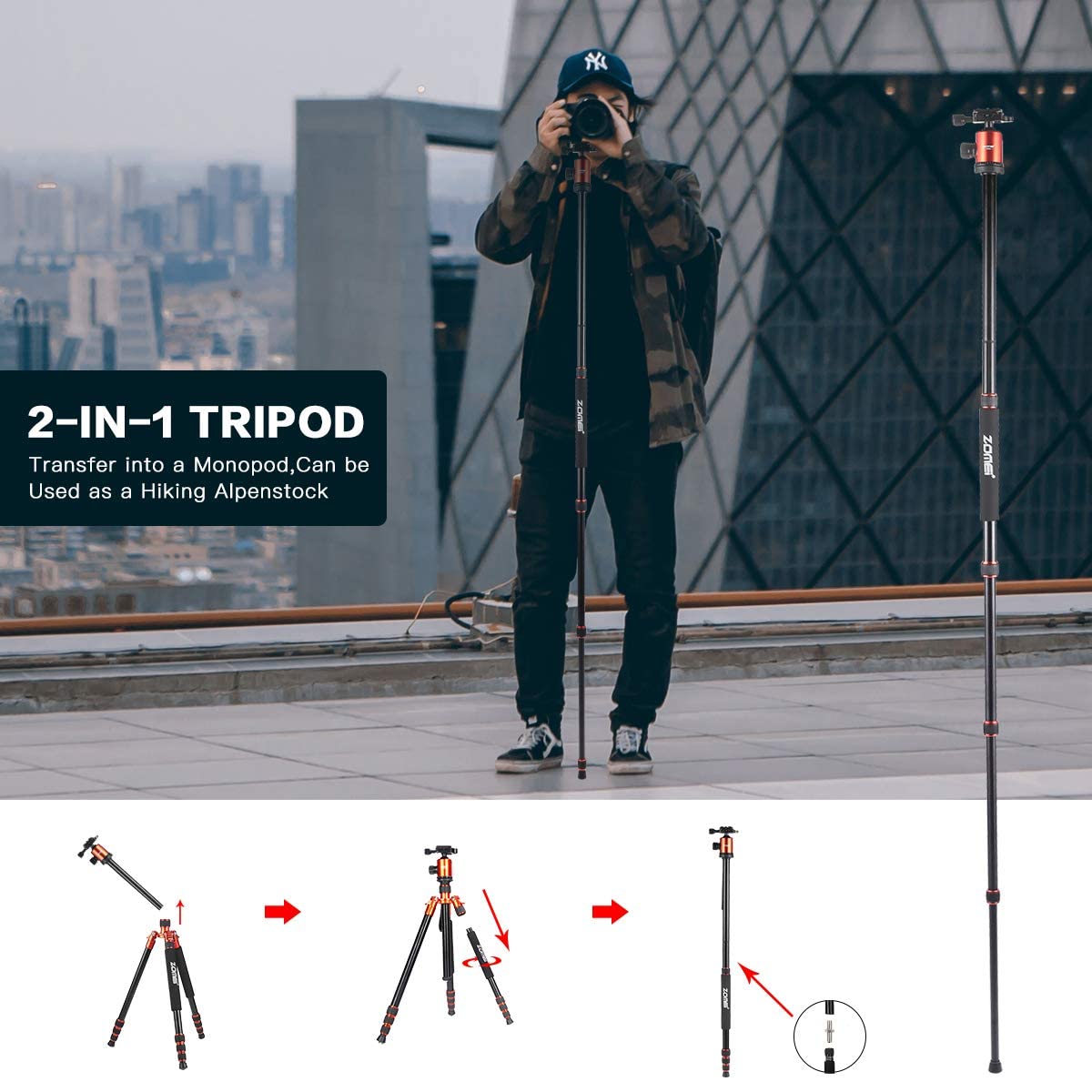 ZOMEI Heavy Duty Camera Tripod Travel Z818 Aluminium Alloy Monopod with 360 Panorama Ball Head Quick Release Plate(Orange)