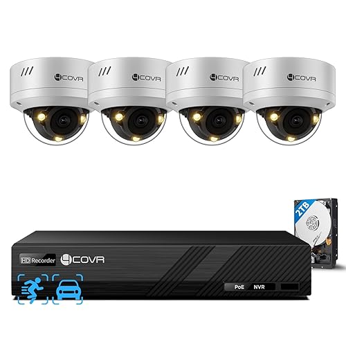 4COVR PoE Security Camera System 5MP, 8CH NVR & 2TB HDD, 4X Dome IP Cameras, Smart Color Night Vision & Two-Way Audio, AI Person/Vehicle Detection
