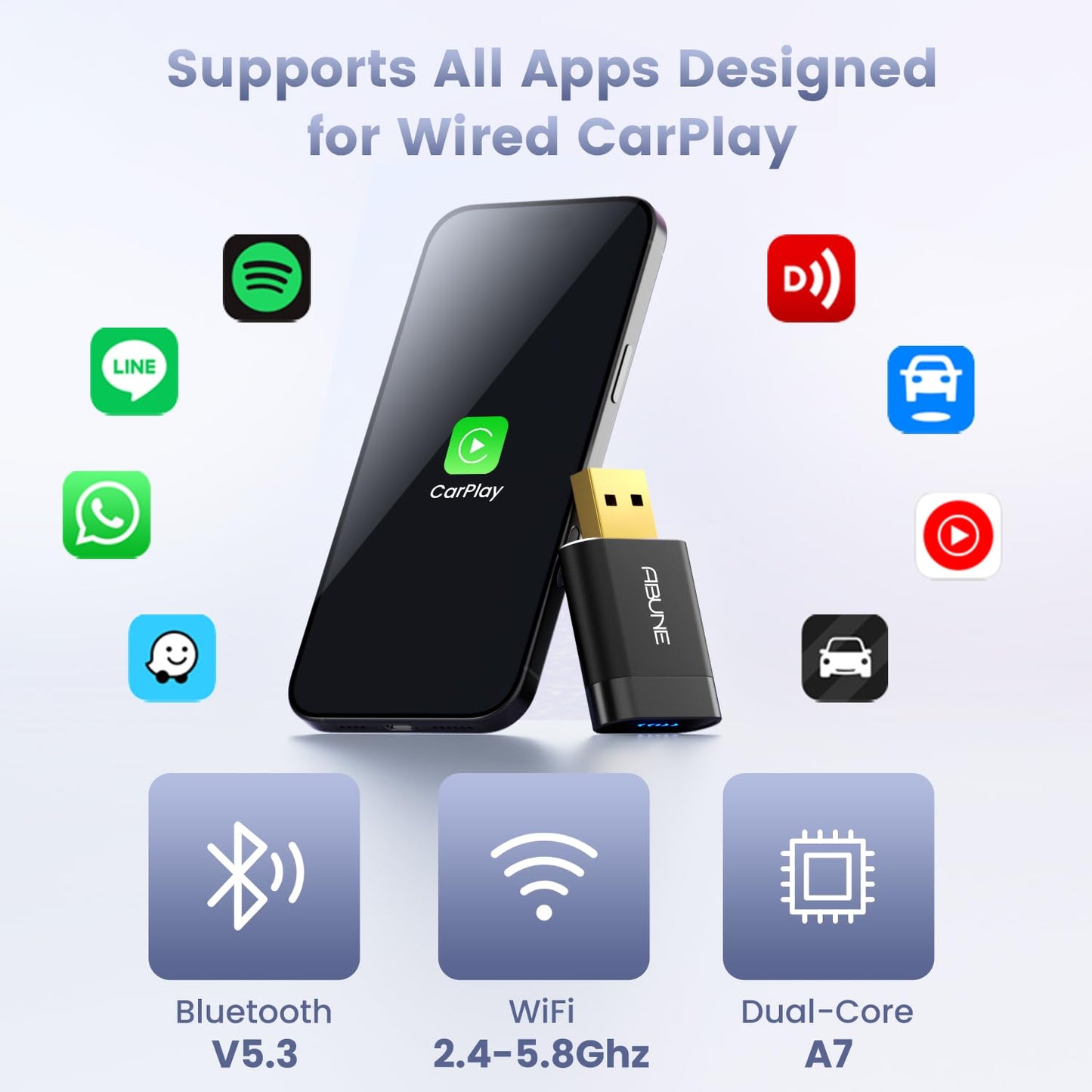 Mini Wireless CarPlay Adapter for iPhone, 2 in 1 CarPlay and Android Auto Adapter, Wired to Wireless, Plug & Play, Seamless Car Connectivity, Compact