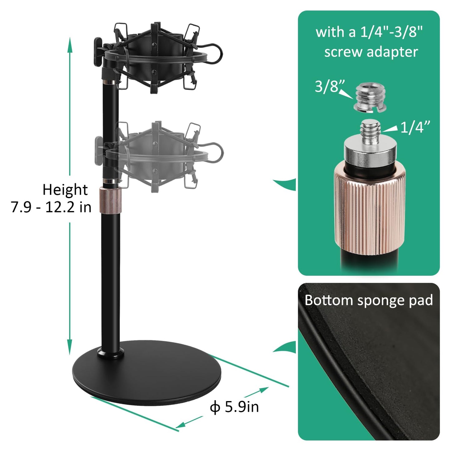 AT2020 Mic Stand, Adjustable Height Desk Mic Stand with Shock Mount, Foam Windscreen, Metal Weighted Base, 1/4 to 3/8 Metal Adapter, for AT2020