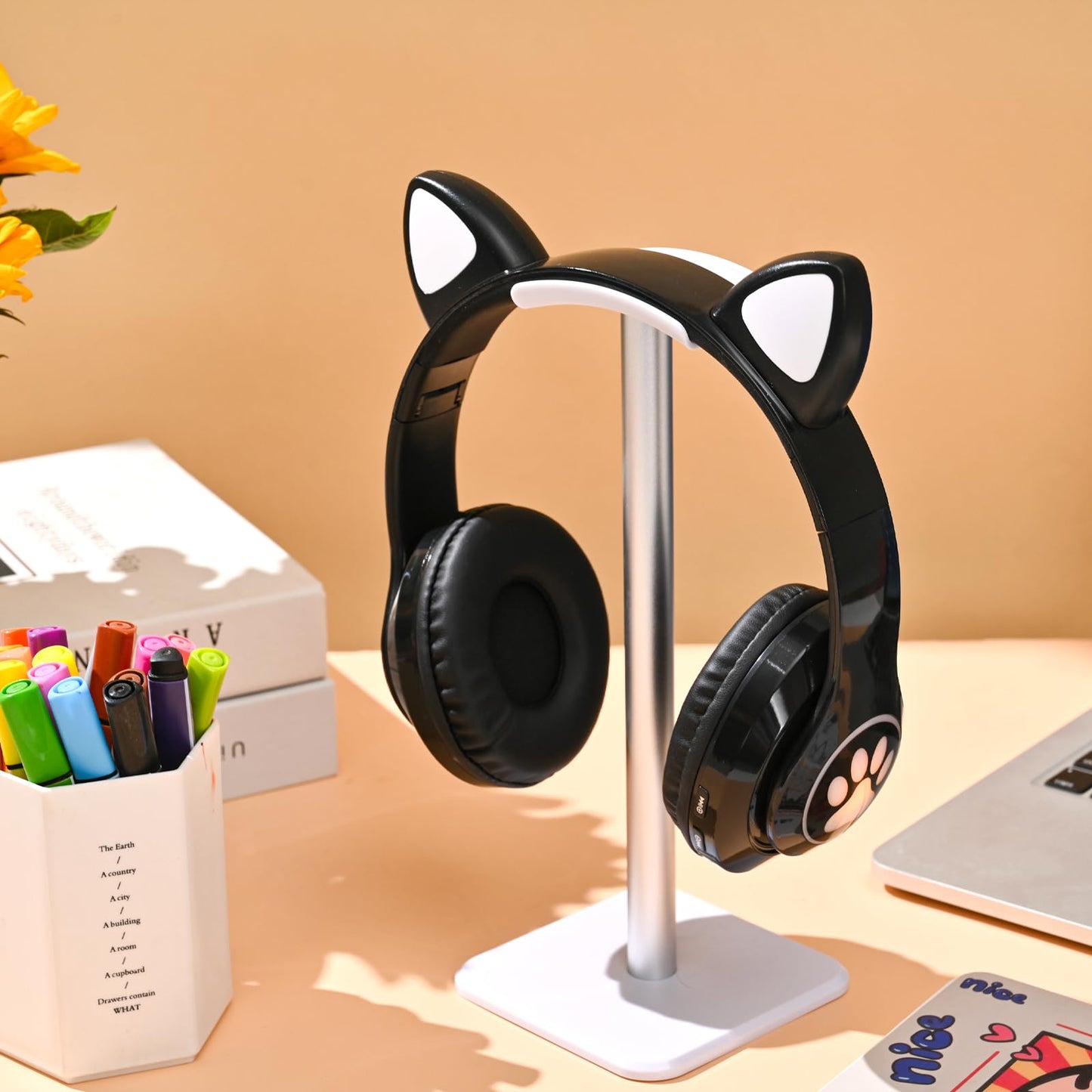 KERHAND Bluetooth Noise Cancelling Headphones for Kids,Foldable Cat Headphone with LED Light Up Ear,Cat Ear Headphones for Toddler with Microphone/TF
