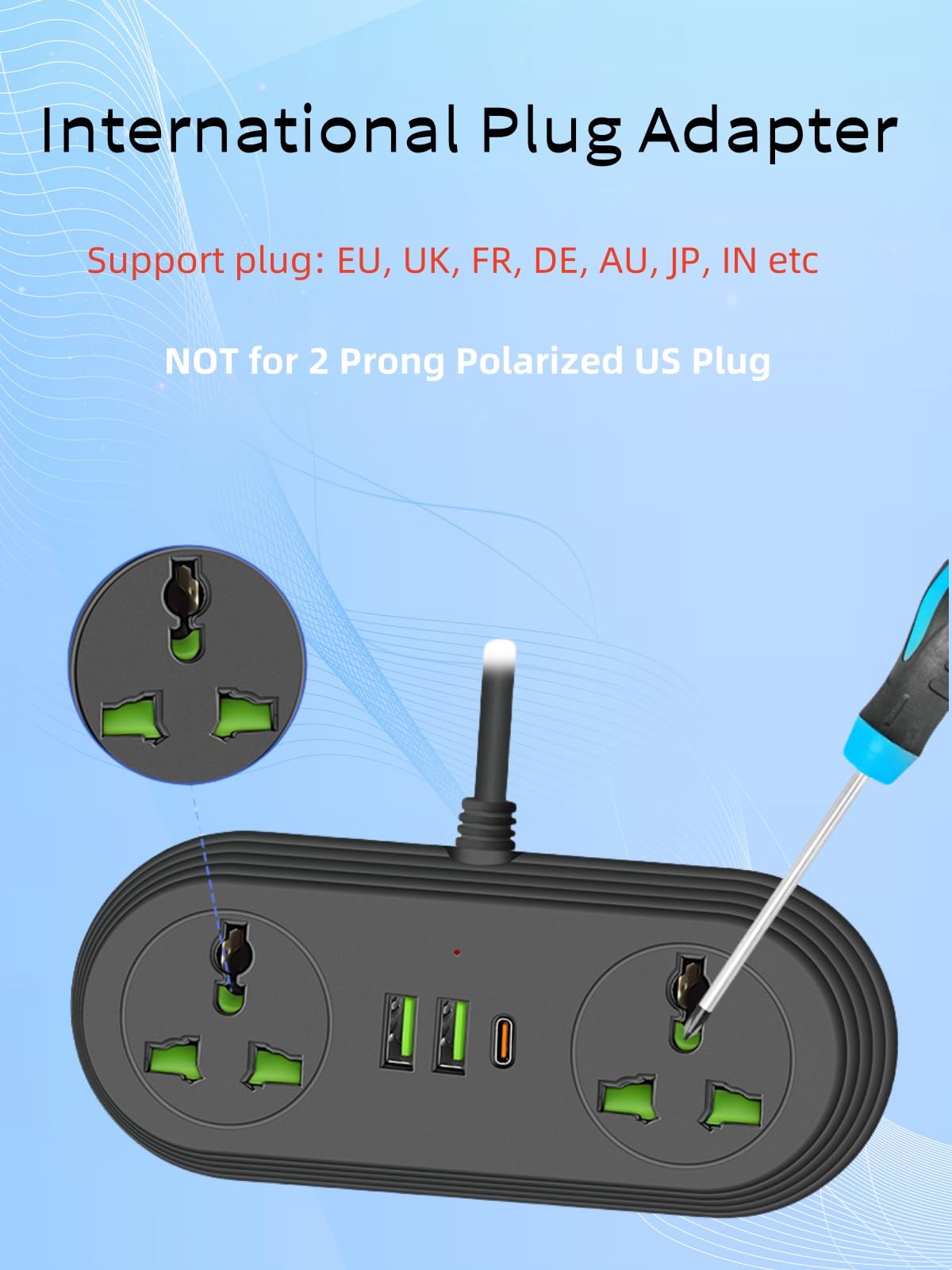 Travel Plug Adapter, COOFINE Universal Power Strip with 2 AC Outlets, 3 USB Ports (1 USB C), 110-240v, 6ft International Power Adapter with Portable