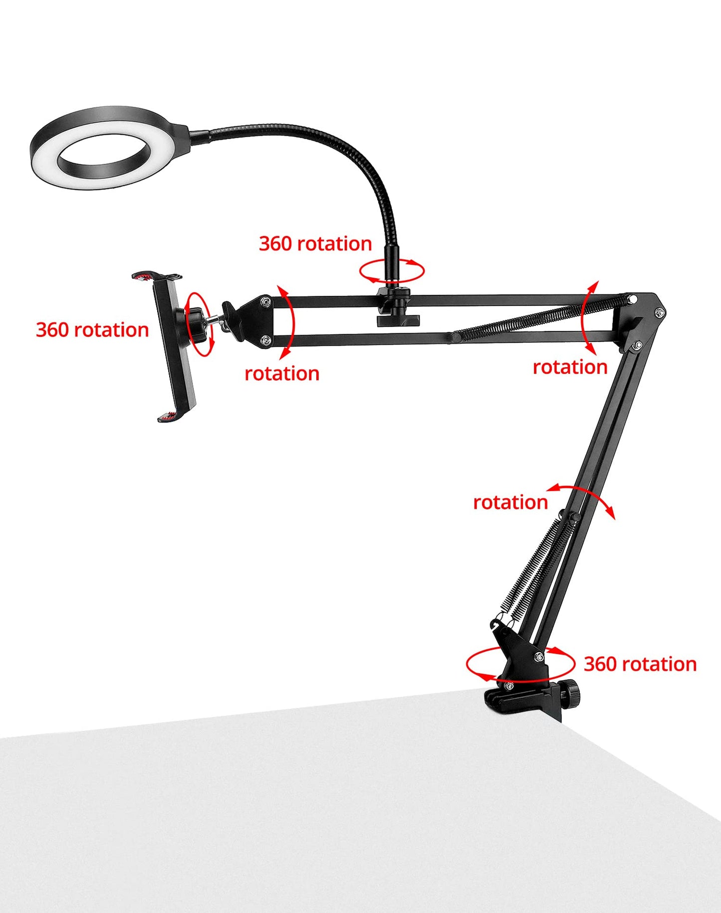 QWORK Overhead Camera Mount, Phone Mount with Ring Light, Flexible Articulating Phone Arm Stand, Phone Holder Stand, Phones Mount Clamp on Desk,