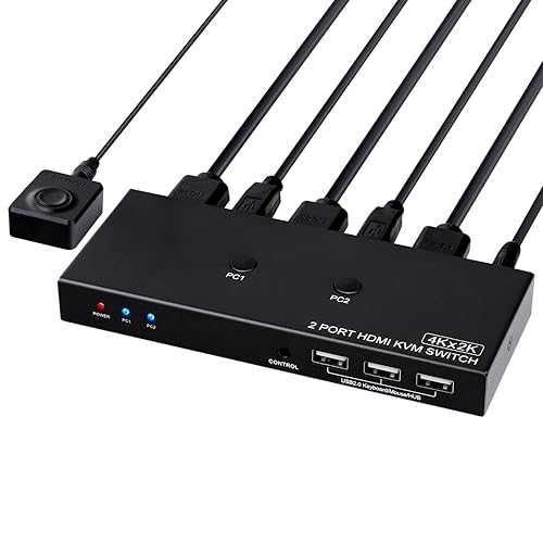 KVM Switch 4K@60Hz, HDMI USB Switch for 2 Computer Share UHD Monitor and Keyboard Mouse Printer, Support YUV RGB 4:4:4, with 2 USB Cables & Wired