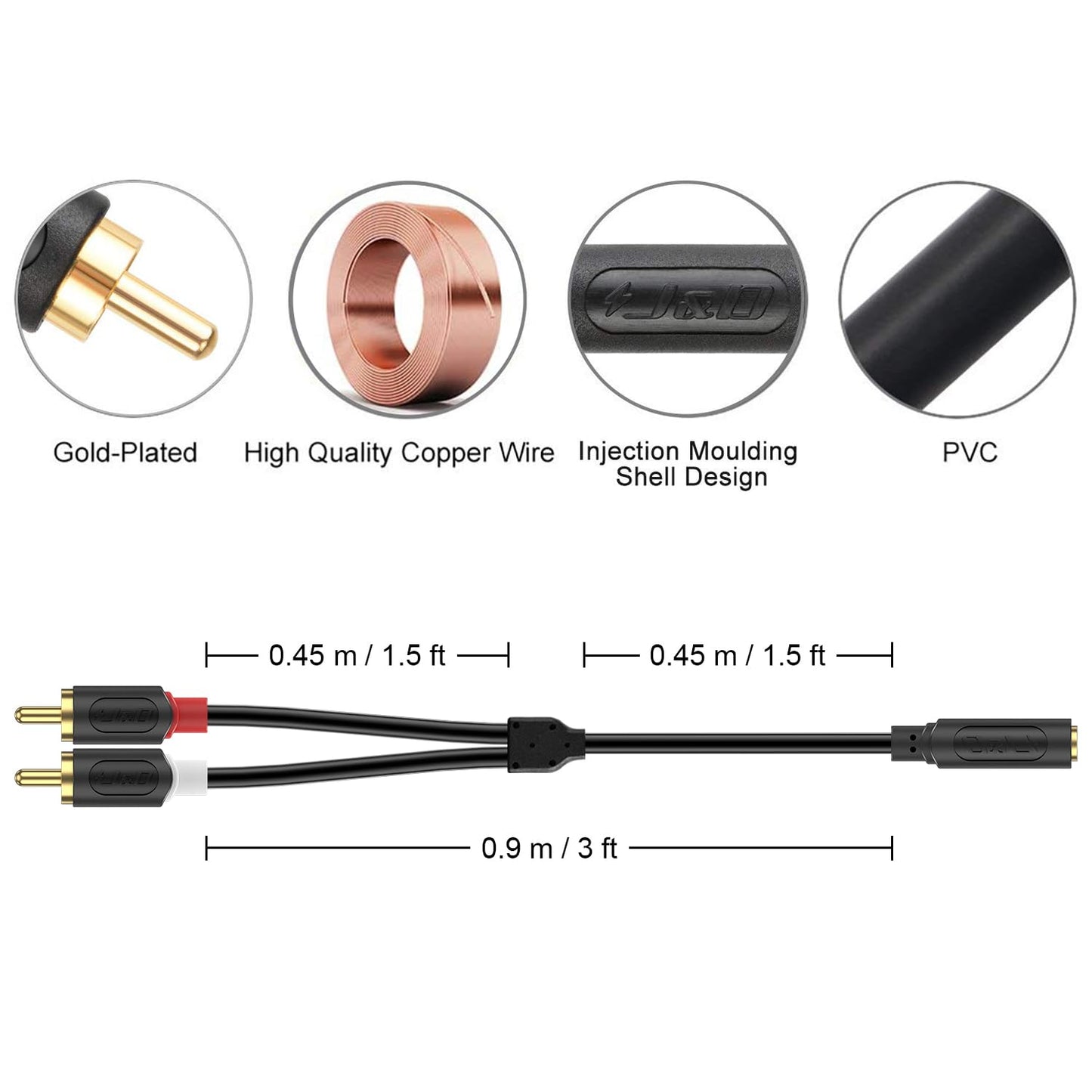 J&D 3.5mm to RCA Stereo Audio Cable, Gold Plated Audiowave Series RCA Male to 3.5mm Female Y Splitter Cable for Smartphones, Tablets, Home Theater, 3