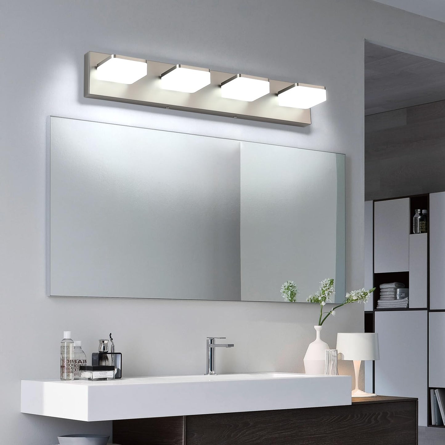 Bicrink LED Vanity Light Fixture for Bathroom, 4-Light Brushed Nickel Bathroom Light Over Mirror, Modern Vanity Lighting Wall Light Fixtures