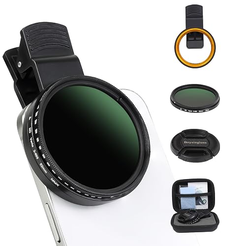 52MM Variable ND2-ND400 Filter, Ultra Slim Multi-Coated Adjustable Neutral Density Filter, Clip-on Phone Lens ND Filter Kit, Compatible for iPhone 15