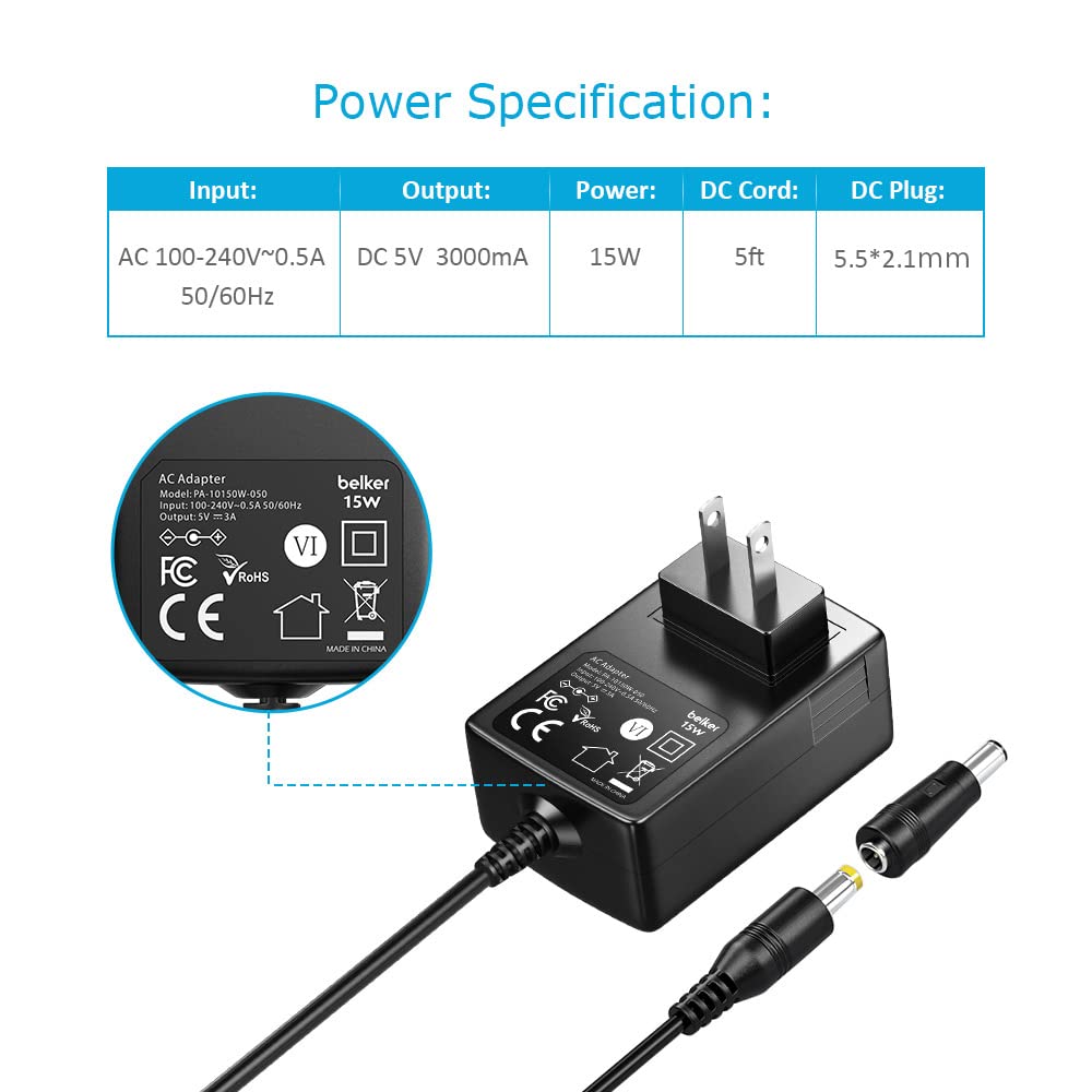 Belker 5V 3A 2.5A AC Adapter Power Adapter Supply Wall Charger for TV Box Tablet Router More 5V Devices