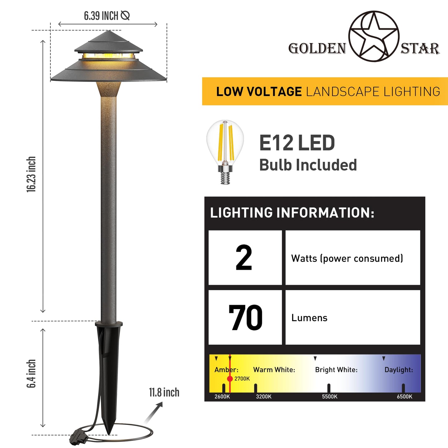 GOLDEN STAR Low Voltage Pathway Lights, 2W 70LM 12V Two-Tier Pagoda Landscape Lighting, 2700K Warm White Outdoor Walkway Garden Lights with Connectors