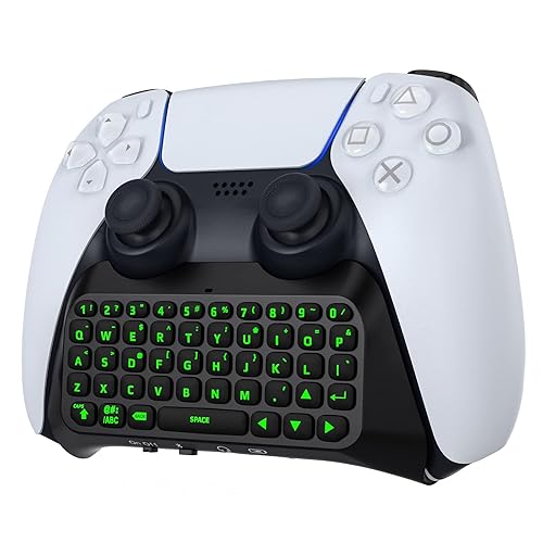 MoKo Keyboard for PS5 Controller with Green Backlight, Bluetooth Wireless Mini Keypad Chatpad for PlayStation 5, Built-in Speaker & 3.5mm Audio Jack