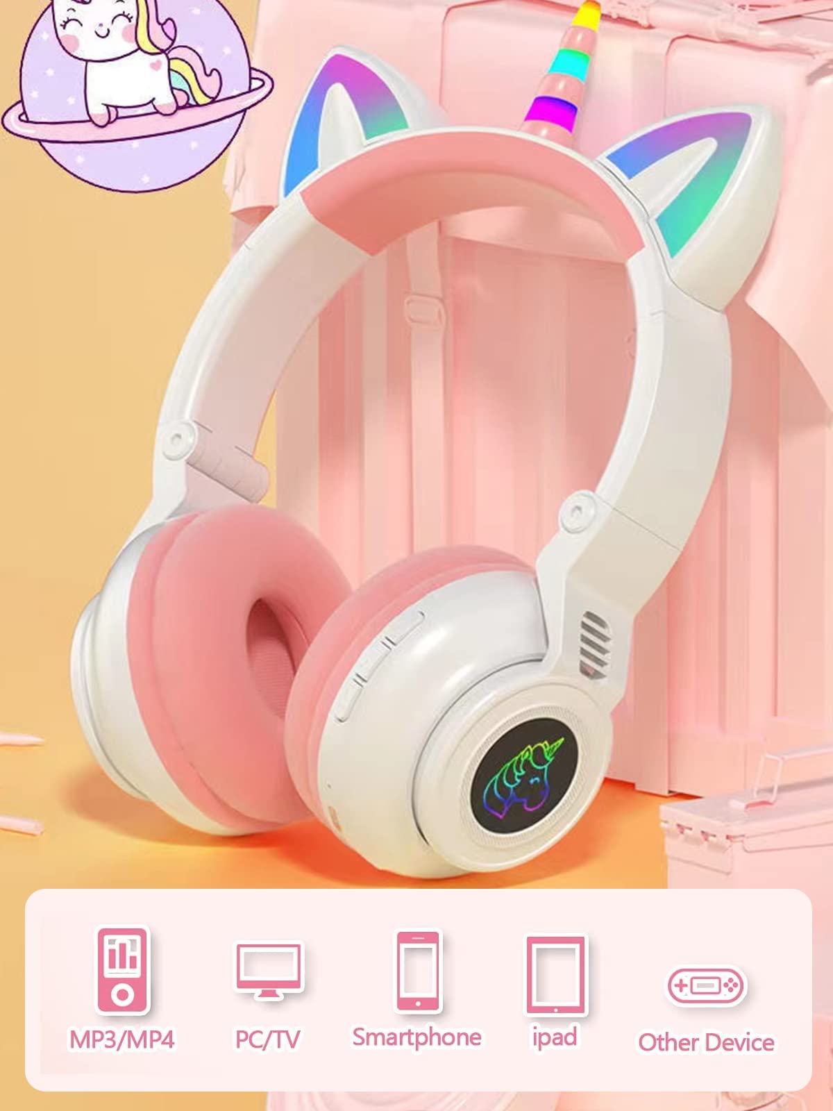 Unicorn Bluetooth Kids Headphones, Foldable Wireless, Volume Limit, White