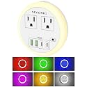 LED Night Lights Plug into Wall, Plug in Night Light with 4 USB Ports and 2 Outlets, Smart Dusk to Dawn Sensor 6-Color Adjustable, Night Light